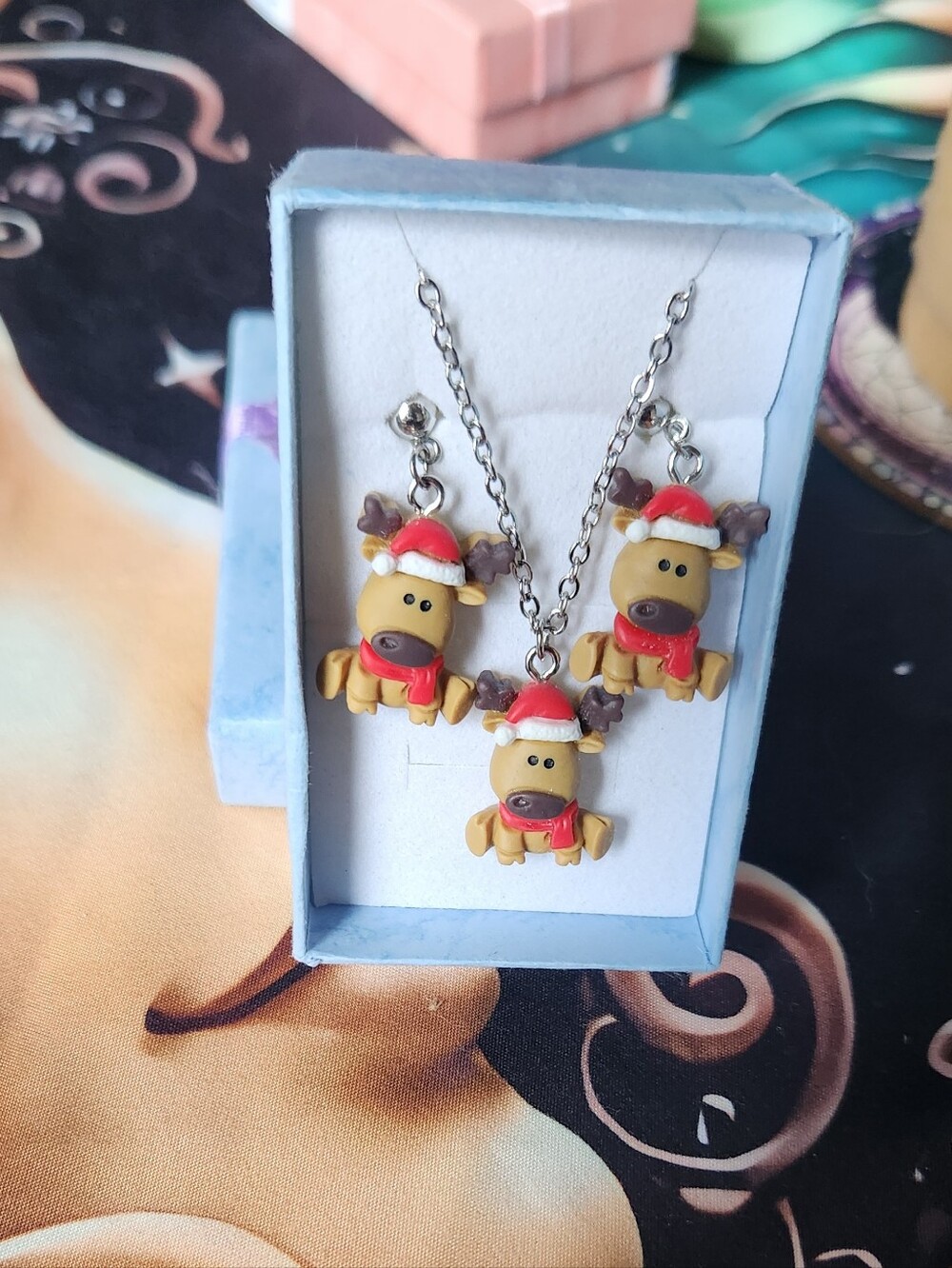 Resin Reindeer Charms On Stainless Steel Chain & Earwires